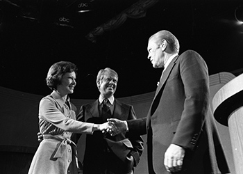 President Ford greets Jimmy and Rosalyn Carter after the debate ends