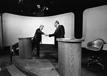 President Ford and Jimmy Carter shake hands at the end of the debate