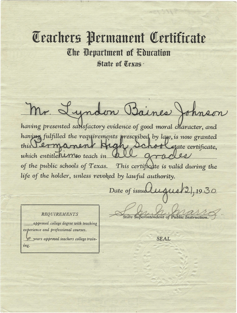 LBJ teacher certificate