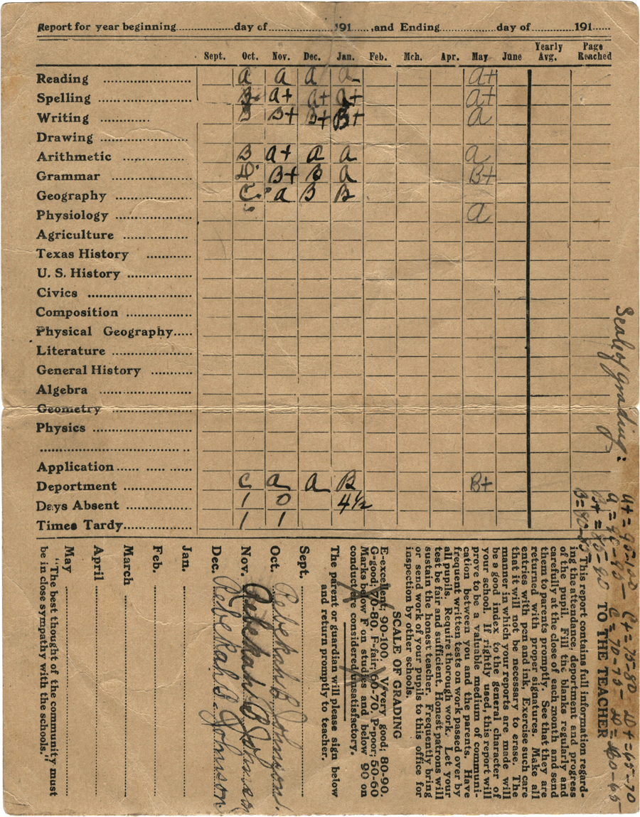 LBJ report card, 1917
