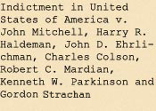 Indictment in United States of America v. John Mitchell, Harry R. Haldeman, John D. Ehrlichman, Charles Colson, Robert C. Mardian, Kenneth W. Parkinson and Gordon Strachan
