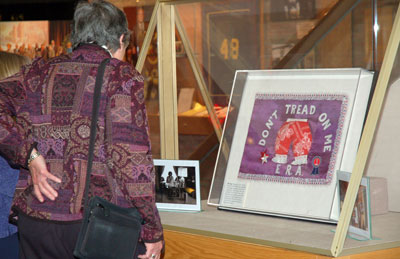 As part of the special occasion Betty Ford’s “bloomers” have been put on temporary display. Given to Mrs. Ford by friends on the White House staff when she requested a flag for her automobile, the flag makes reference to her support of the Equal Rights Amendment (ERA) and her maiden name, Bloomer.