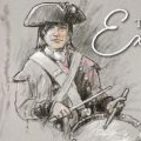 A Revolutionary War drummer is pictured with text reading The American Revolution Experience