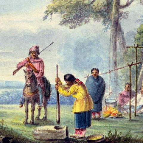 A camp scene featuring several Native Americans.