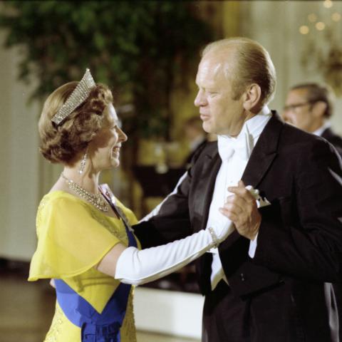 Queen Elizabeth II dances with President Gerald R. Ford during State Dinner at the White House.