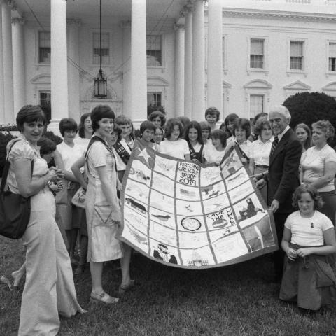 Members of Girl Scout Troop #2019 of Portland, Connecticut, Presenting a Bicentennial Quilt They Made to Milt Mitler on the North Lawn of the White House
