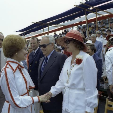 First Lady Betty Ford, Princess Grace and Prince Rainier III of Monaco at the Operation Sail Event aboard the USS Forrestal (CV-59)