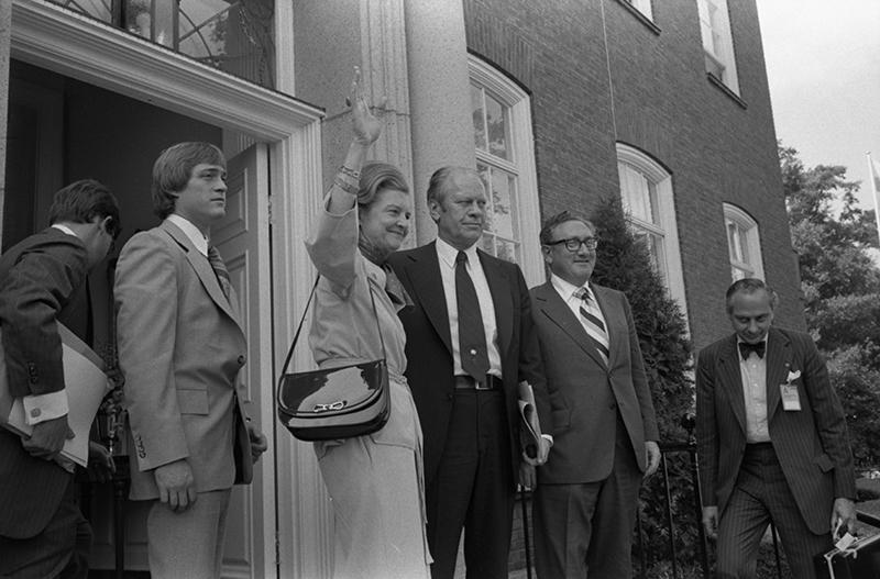  Gerald R. Ford, Betty Ford, Jack Ford, Kissinger standing outside the American Embassy Residence