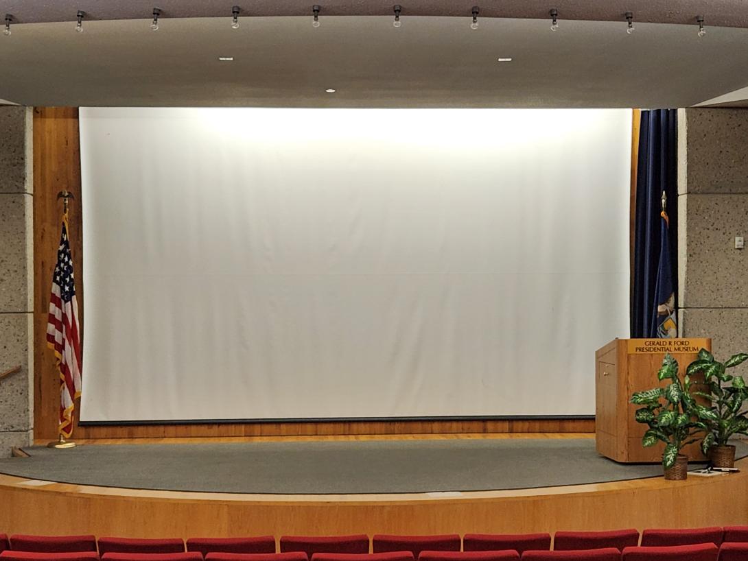 A view of the fully extended screen in the auditorium