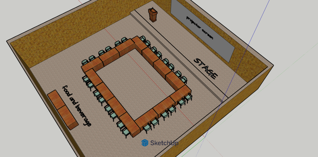 A rendering of four tables making a square with chairs surrounding them 