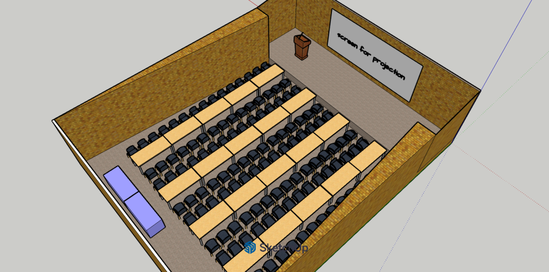 A rendering of rows of tables with chairs surrounding them 