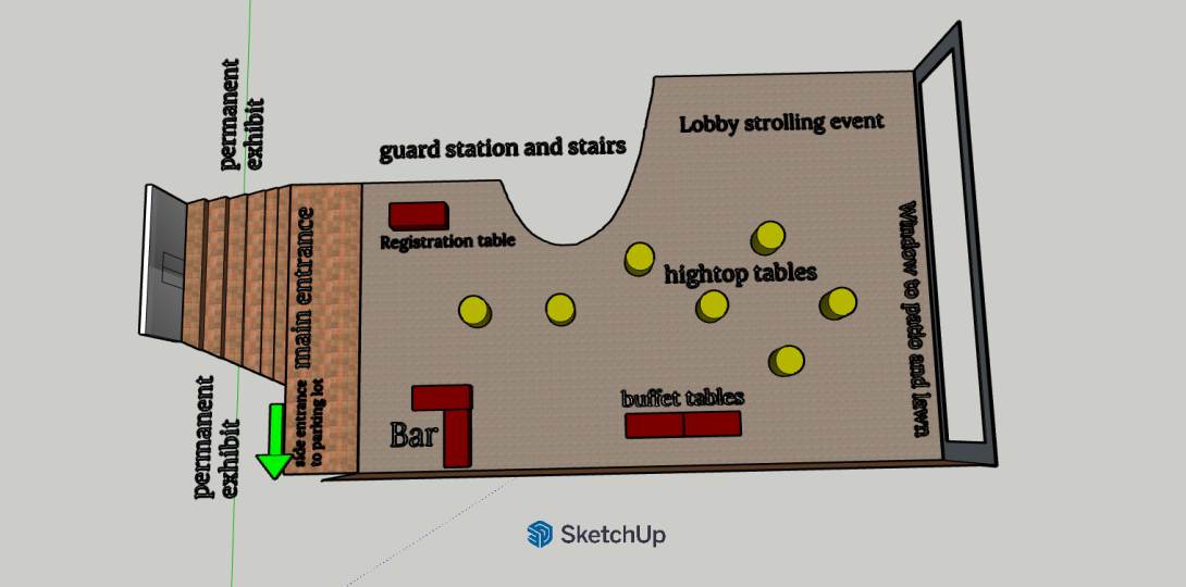 A rendering of the lobby with high top tables 
