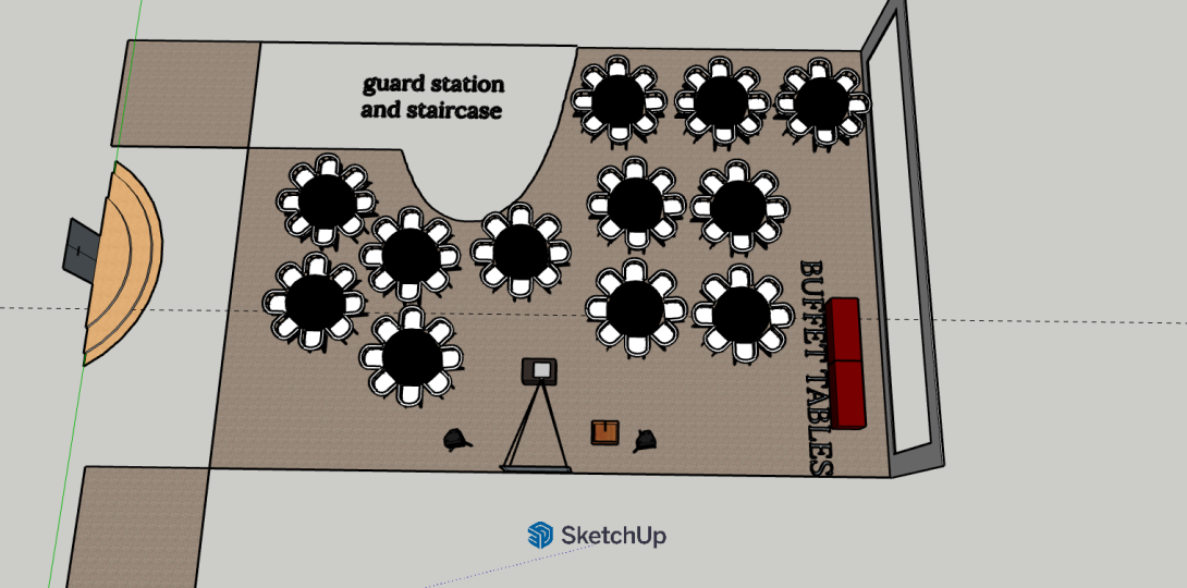 A rendering of the lobby with round tables and chairs